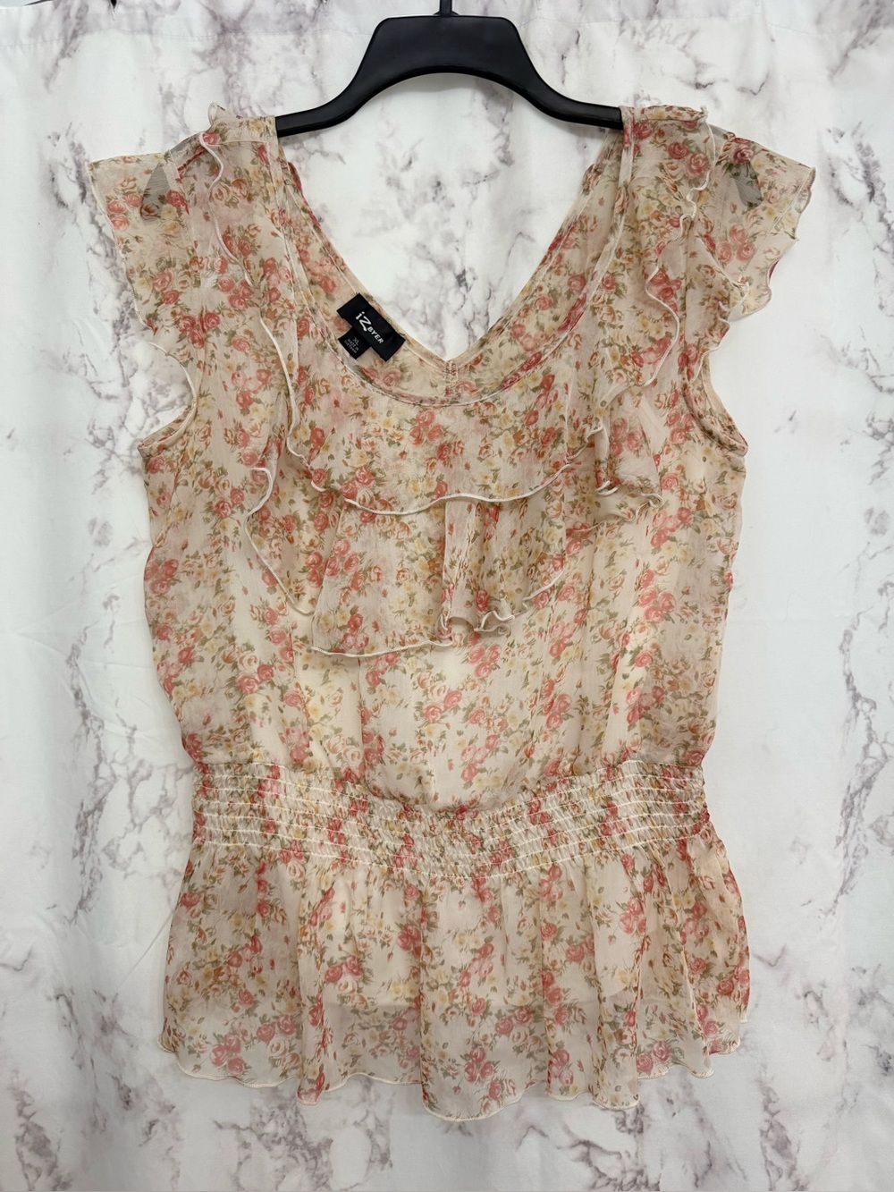 Iz Byer Cream Floral Ruffle Chiffon Smocked Peplum Top